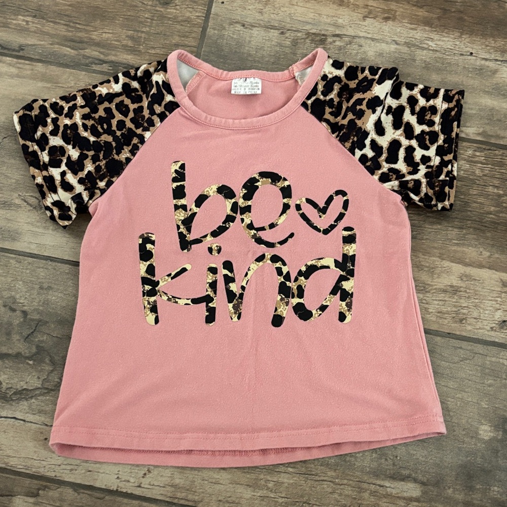 Pink 'Be Kind' Kids Shirt with Leopard Print Sleeves